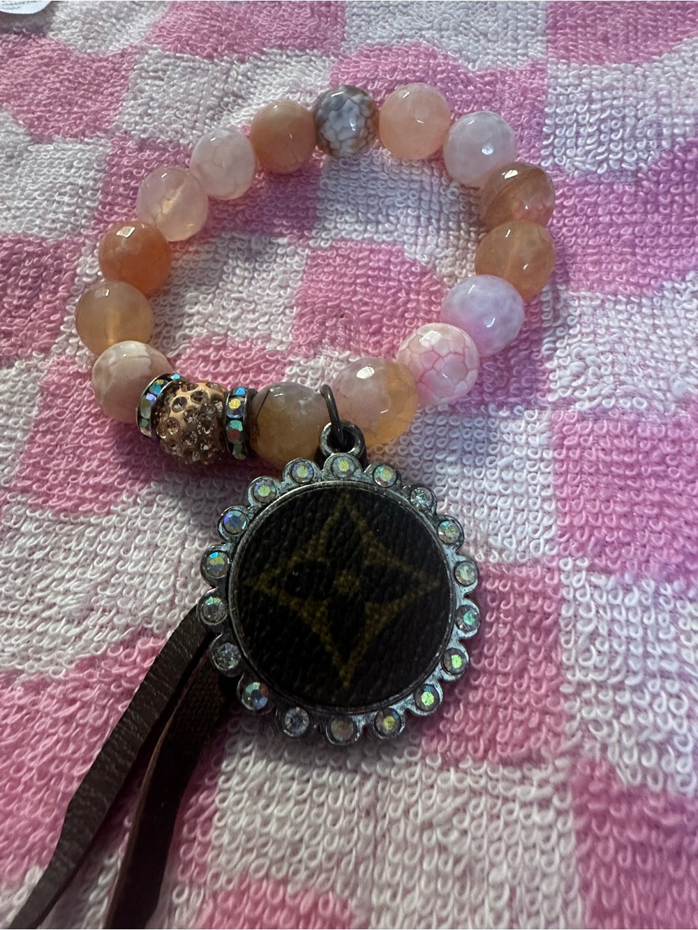 Pink Beaded Stretch Bracelet with Pendant Charm. Upcycled